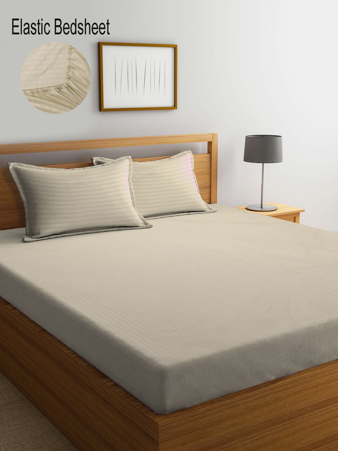 

KLOTTHE Striped 300 TC Fitted King Bedsheet with 2 Pillow Covers, Beige