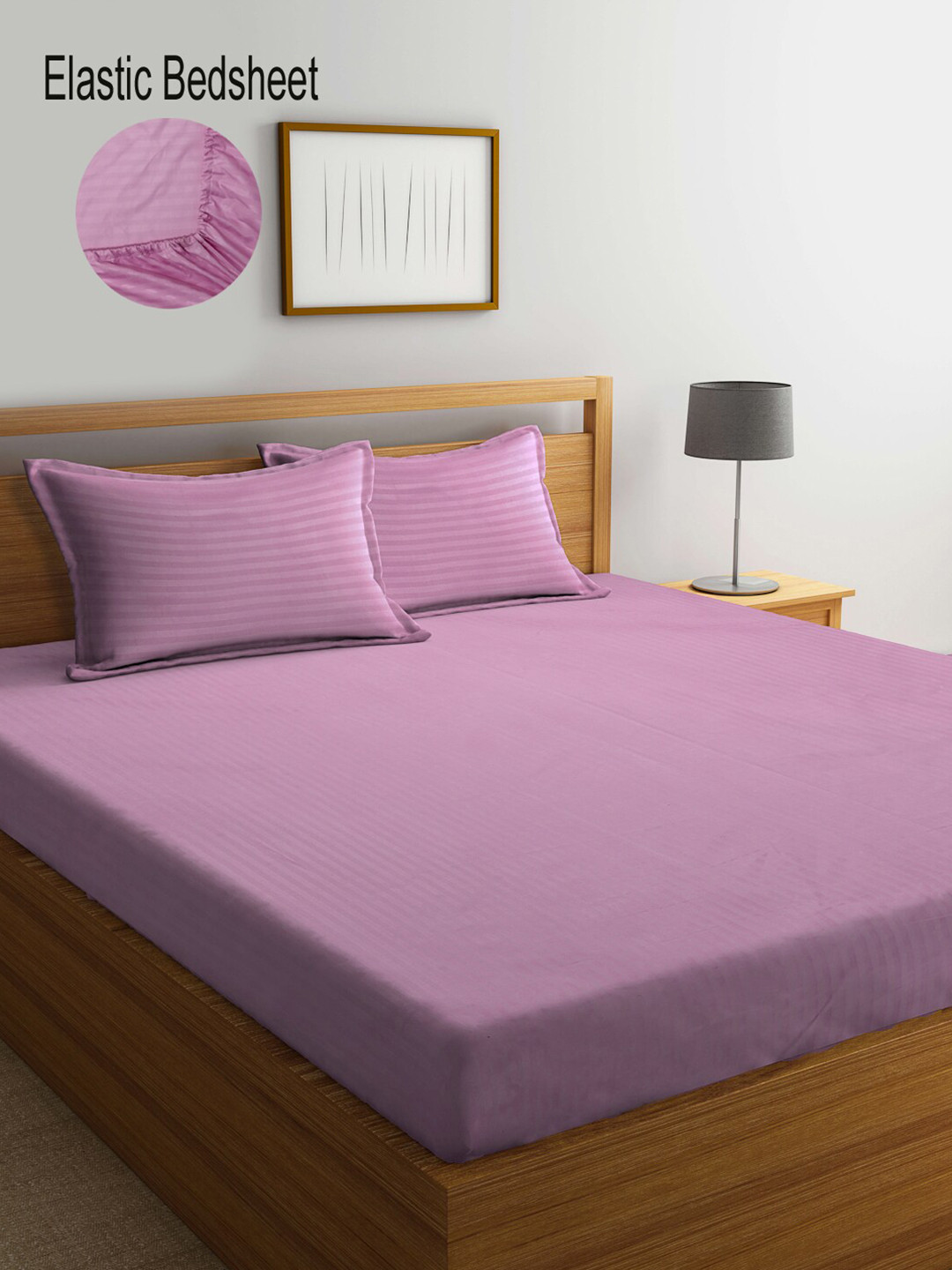 

KLOTTHE Striped 300 TC Fitted Super king Double Bedsheet With 2 Pillow Covers, Pink