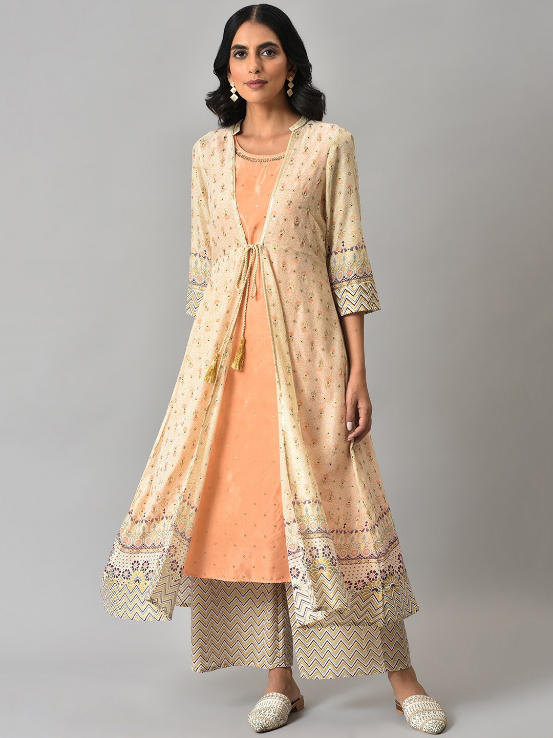 

Aurelia Women Beige Geometric Print Poly Voile Kurta Set with Palazzos & Shrug