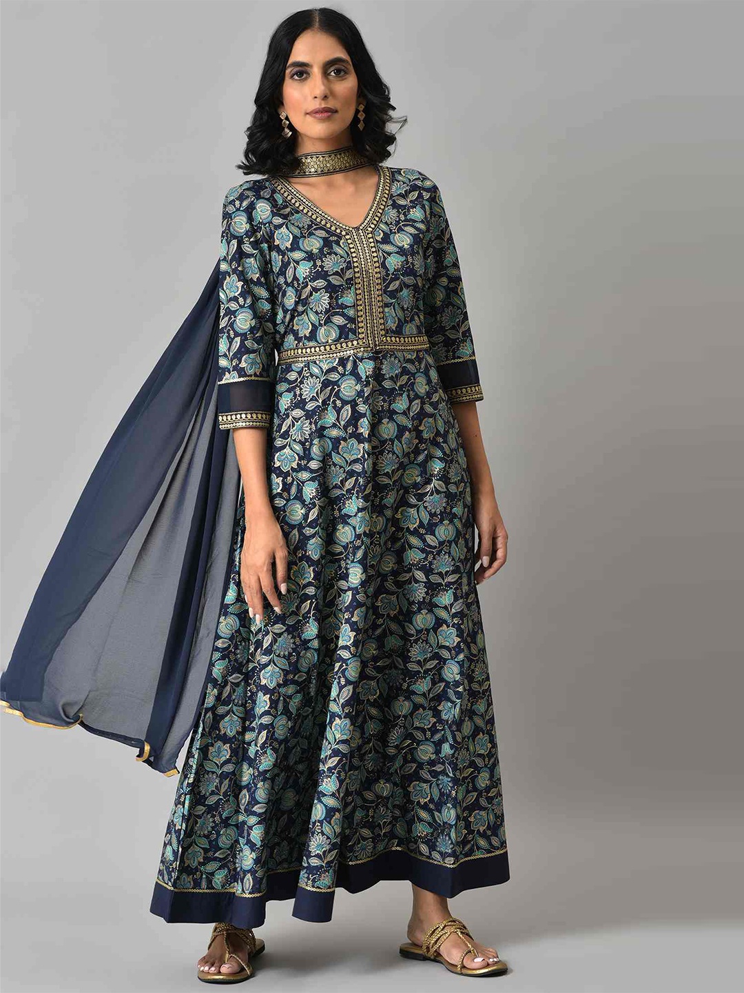 

AURELIA Blue Zari Embroidered Floral Printed Choker Maxi Dress