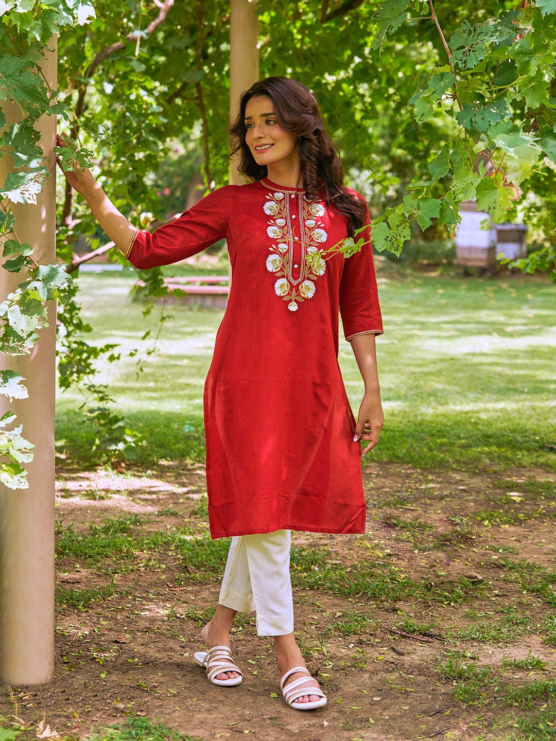 

Aurelia Women Red Striped Viscose Kurta Set with Trousers