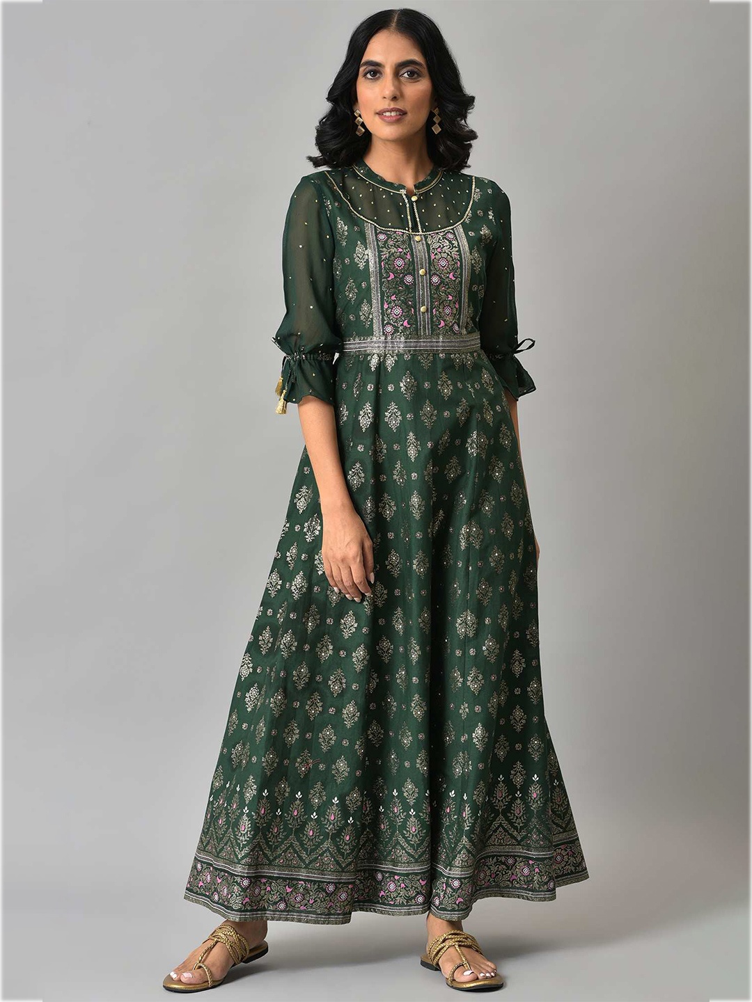 

AURELIA Green & Pink Ethnic Motifs Pure Cotton Maxi Ethnic Dress