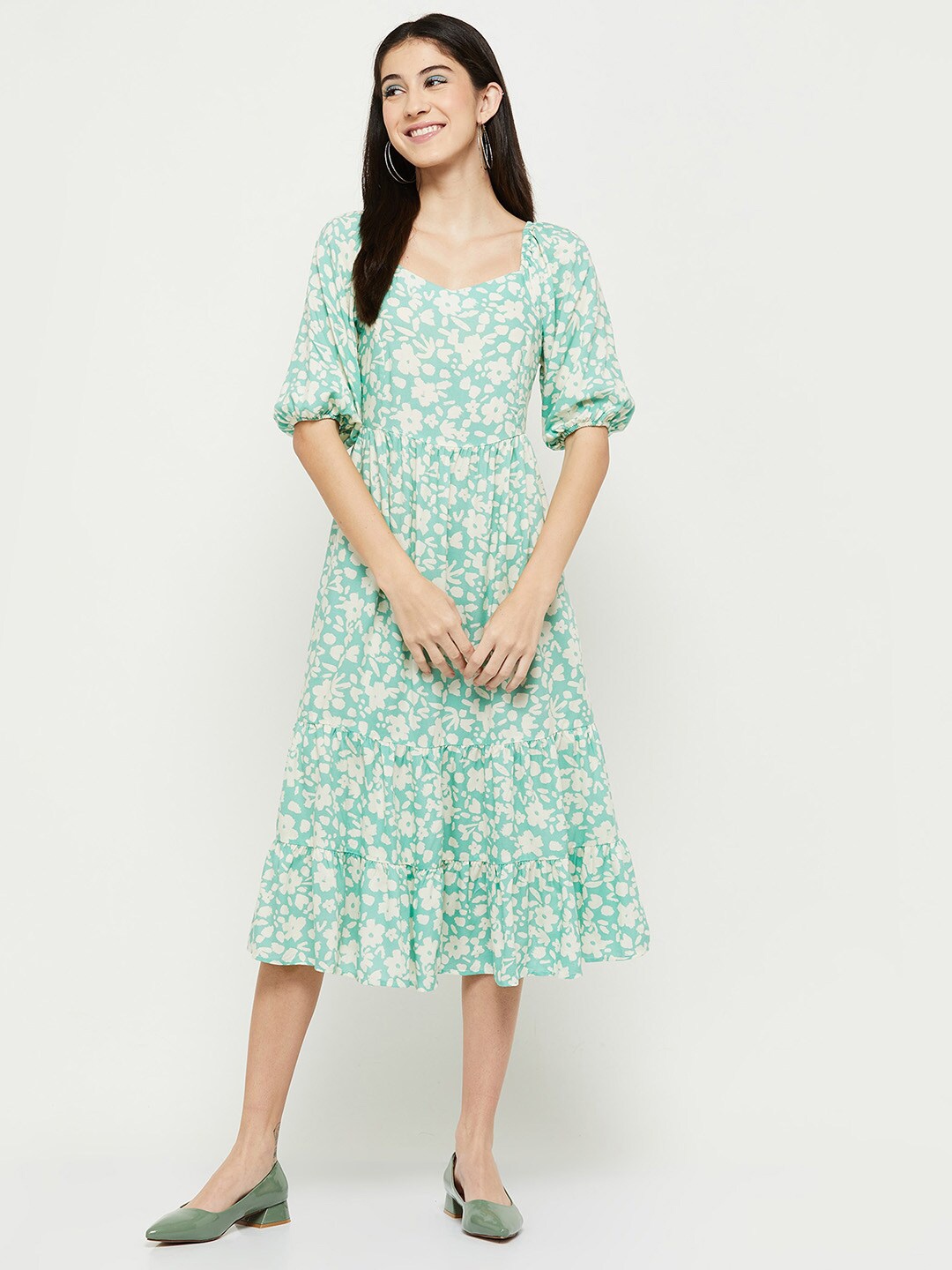 

max Girl Green Floral A-Line Midi Dress