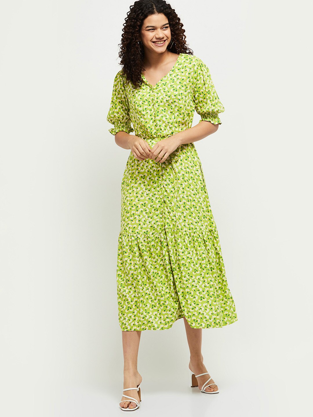 

max Girl Green Floral A-Line Midi Dress