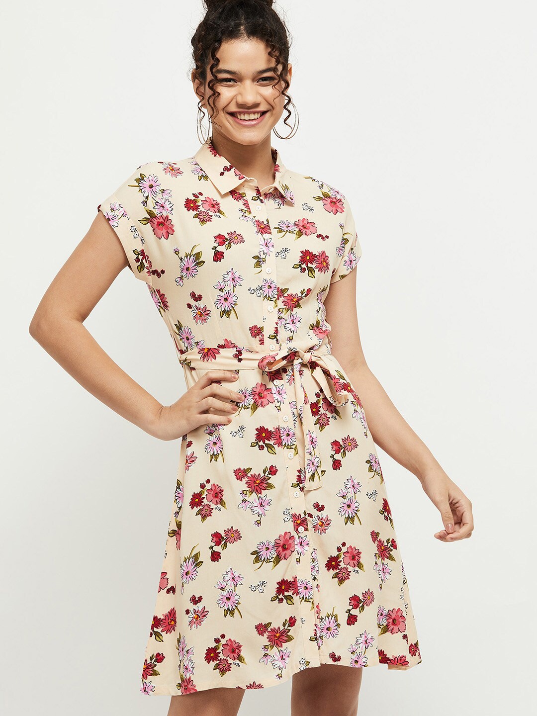 

max Women Peach-Coloured Floral Shirt Dress