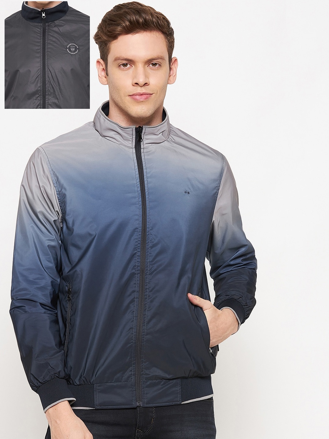 

Okane Men Plus size Navy Blue Grey Colourblocked Reversible Open Front Jacket