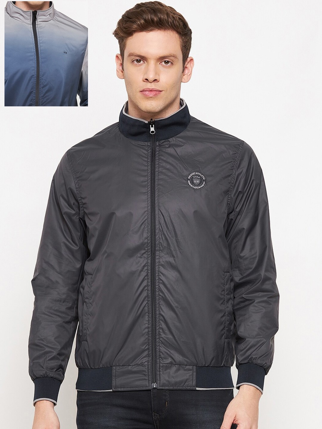

Okane Men Navy Blue Grey Colourblocked Reversible Open Front Jacket