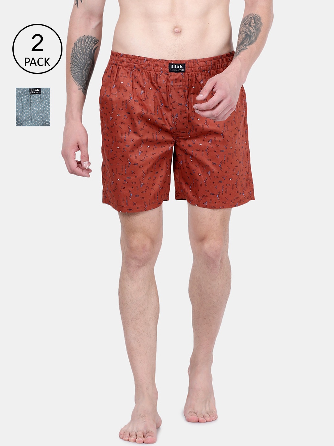 

Llak Jeans Men Plus Size Pack Of 2 Red & Grey Printed Pure Cotton Boxers