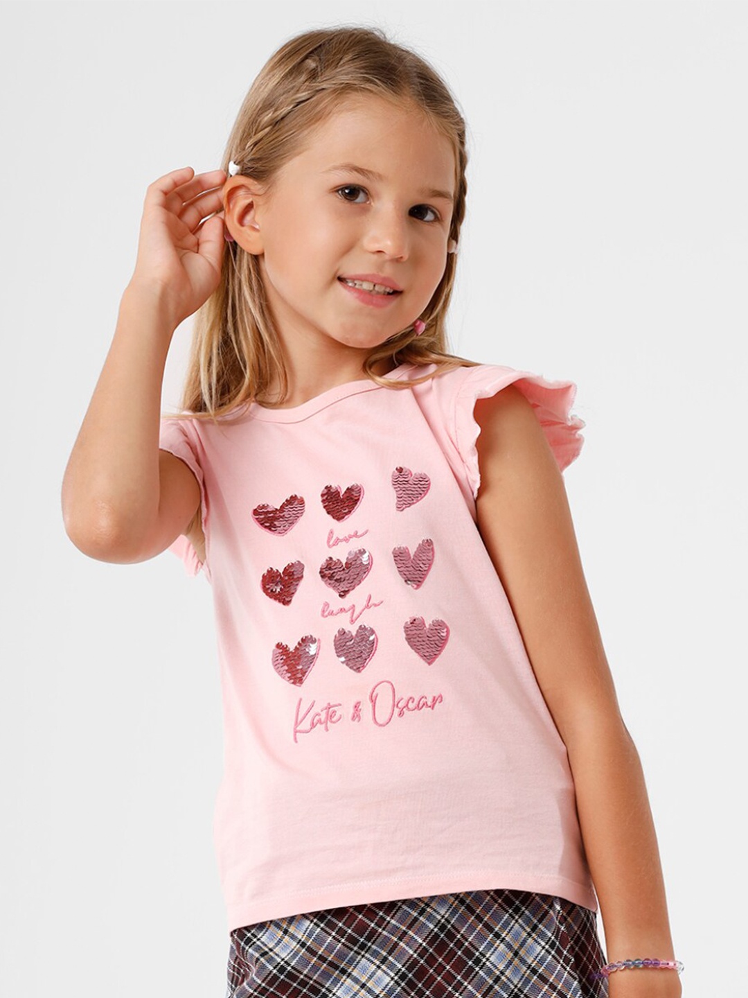

KATE & OSCAR Girls Pink Printed Round Neck Cotton T-shirt