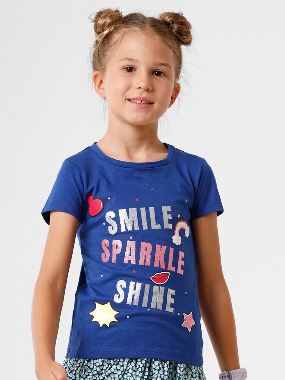

KATE & OSCAR Girls Navy Blue Typography Printed Cotton T-shirt