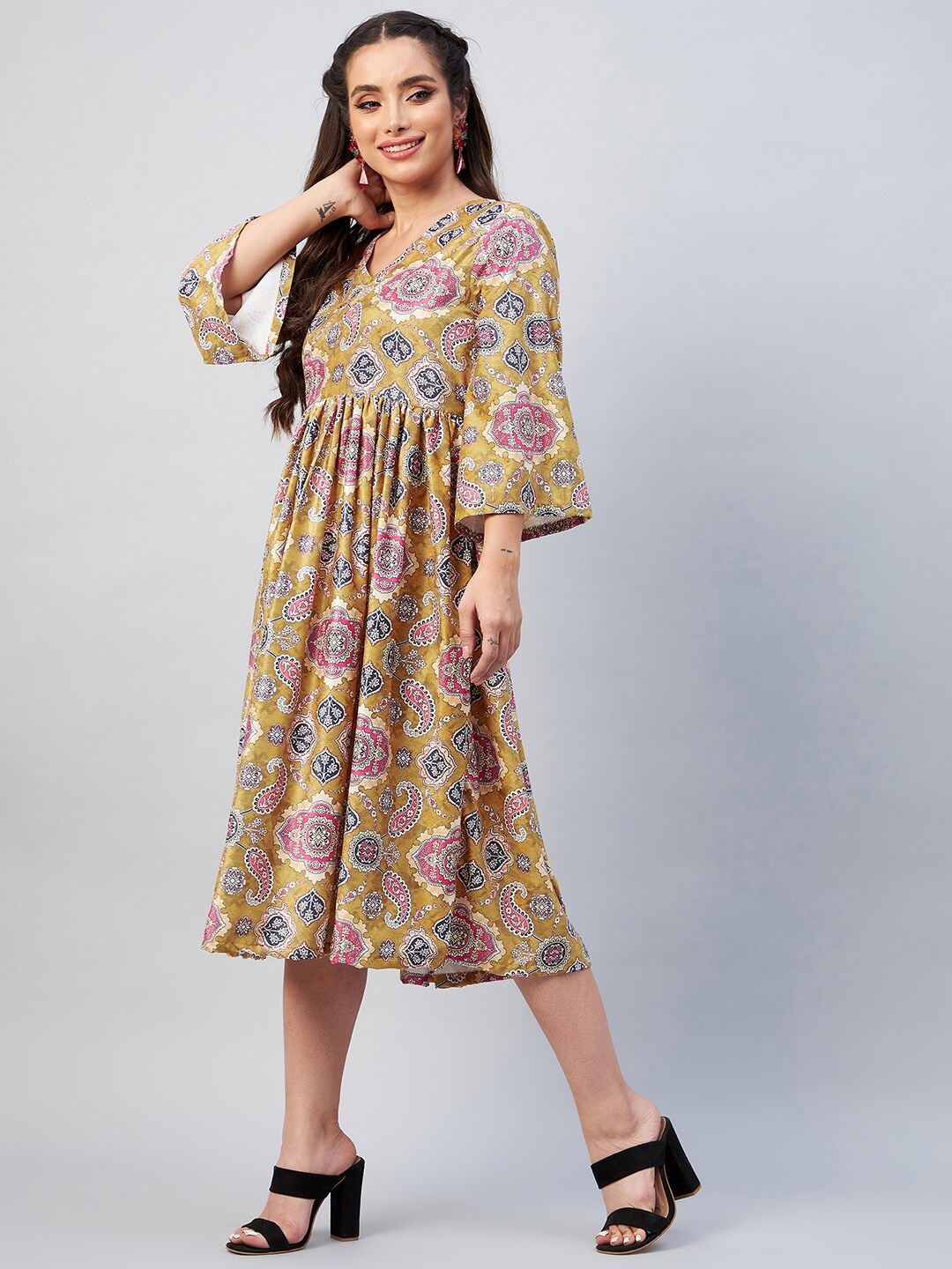 

InWeave Women Yellow Velvet Ethnic Motifs Empire Midi Dress