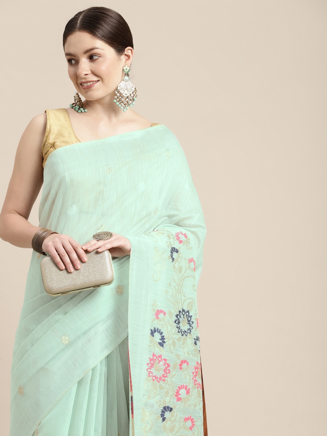 

MOHEY Floral Silk Blend Chanderi Saree, Blue