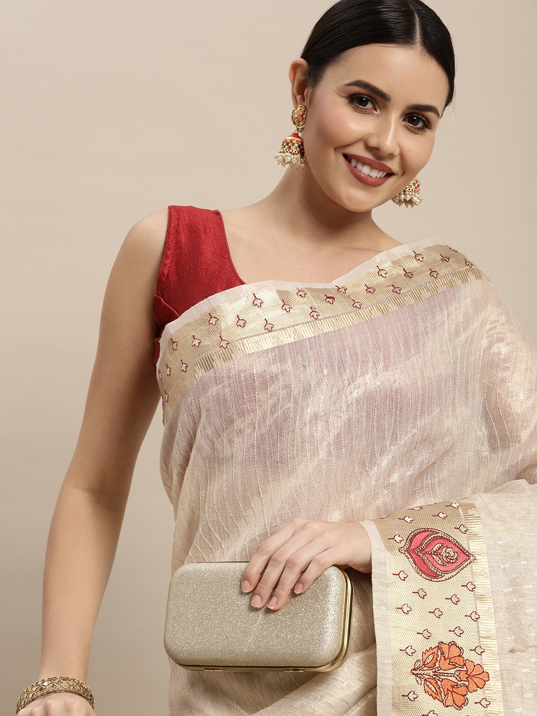 

MOHEY Embellished Silk Blend Chanderi Saree, Beige