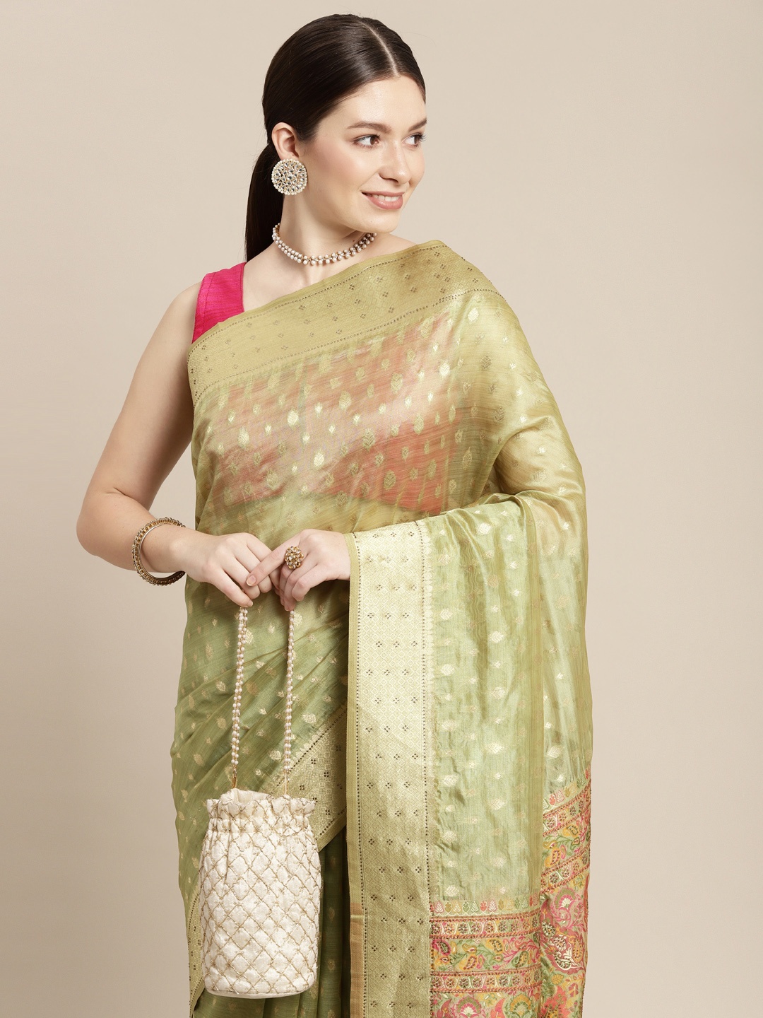 

MOHEY Floral Woven Design Silk Blend Saree, Green