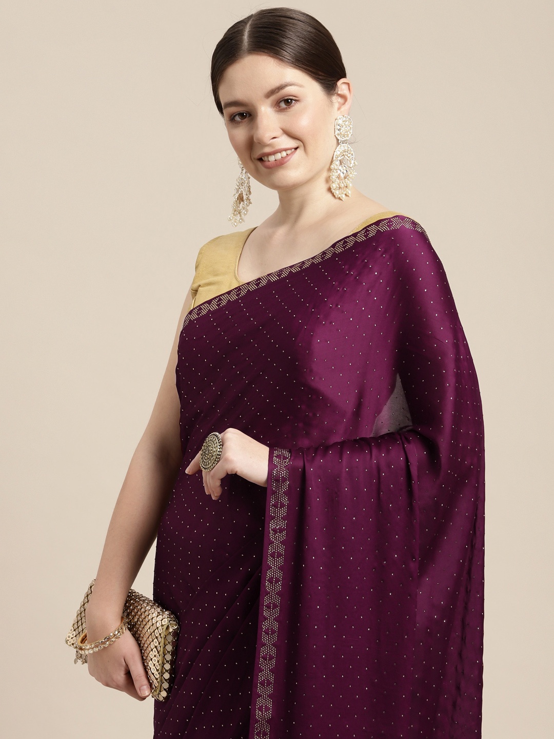 

MOHEY Embellished Beads and Stones Satin Saree, Maroon