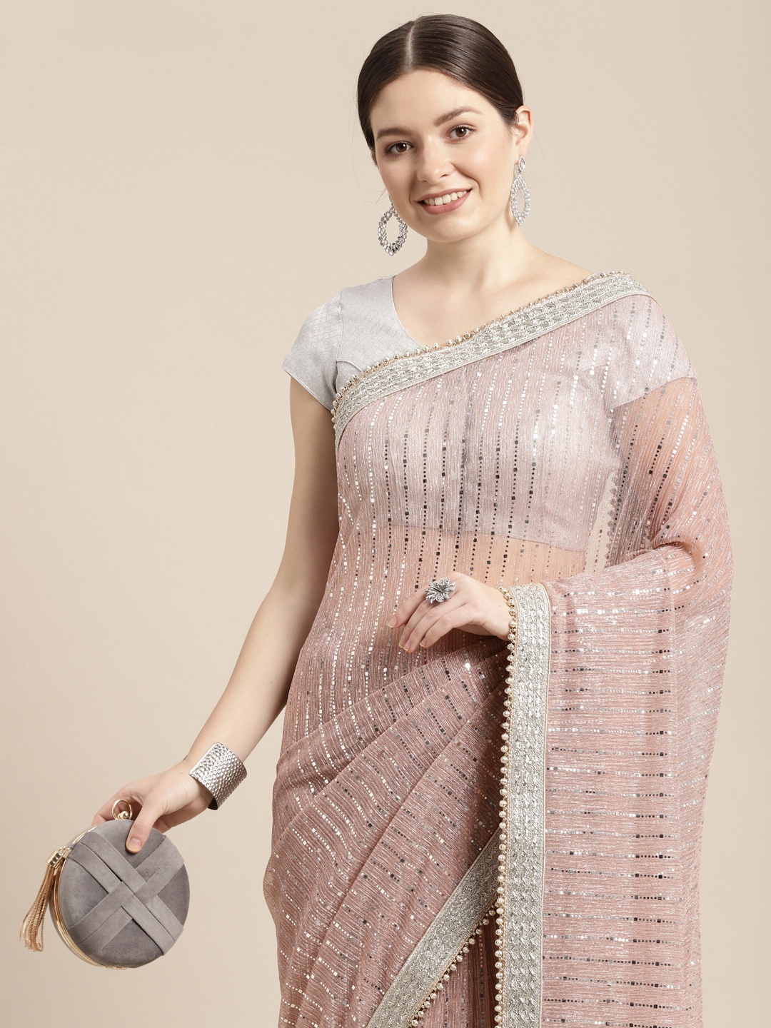 

MOHEY Embellished Sequinned Net Saree, Rose