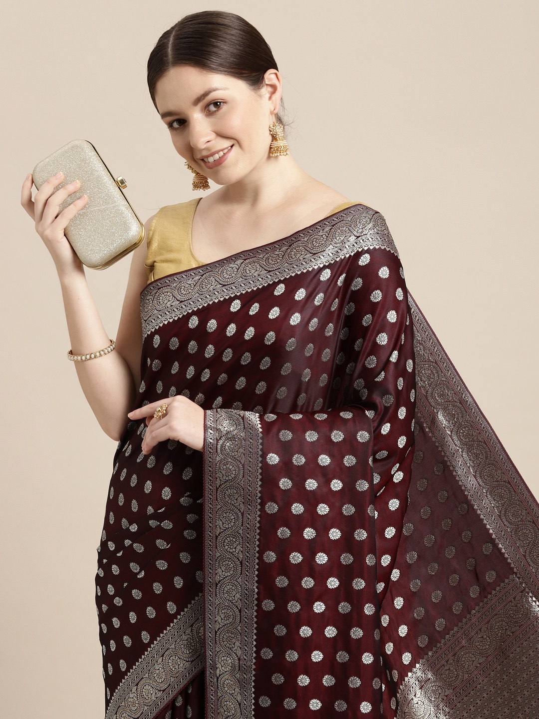 

MOHEY Floral Woven Design Art Silk Saree, Burgundy