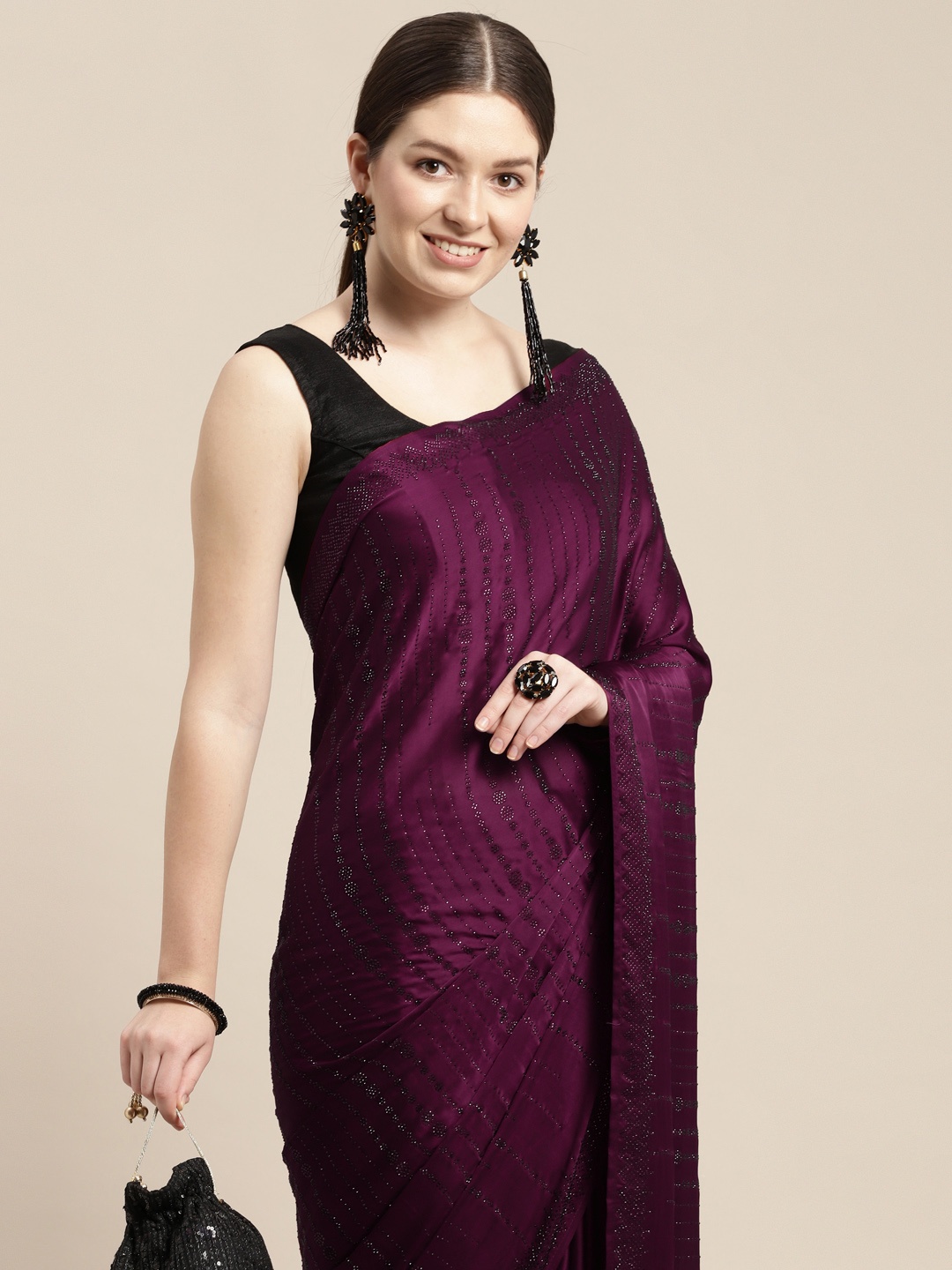 

MOHEY Maroon Embellished Beads and Stones Satin Saree
