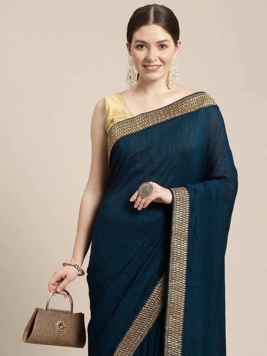 

MOHEY Solid Sequinned Art Silk Saree, Teal