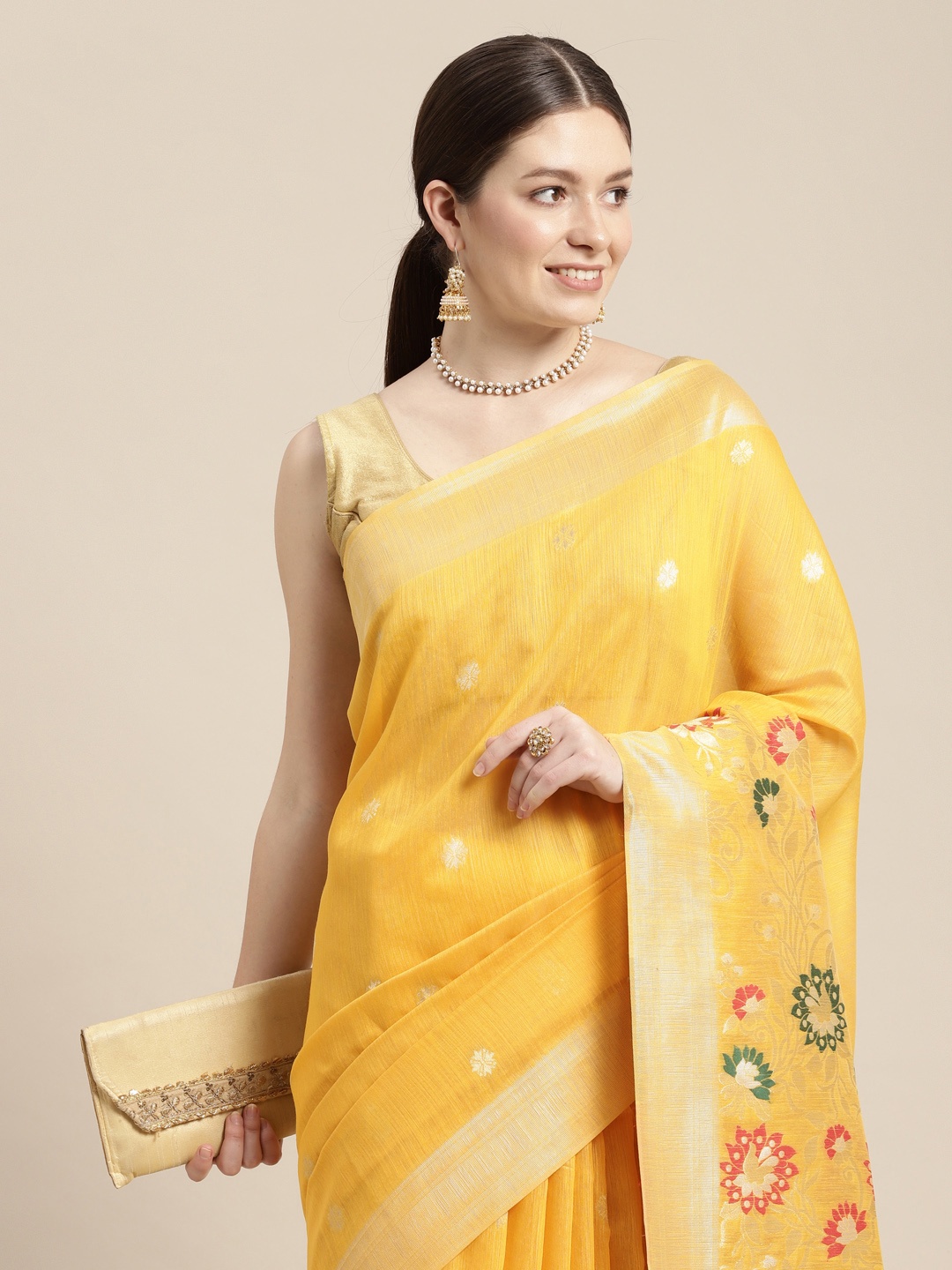 

MOHEY Floral Silk Blend Chanderi Saree, Mustard