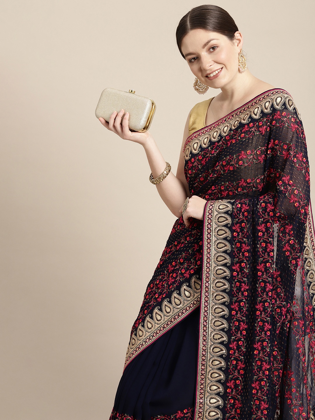 

MOHEY Floral Embroidered Saree, Navy blue
