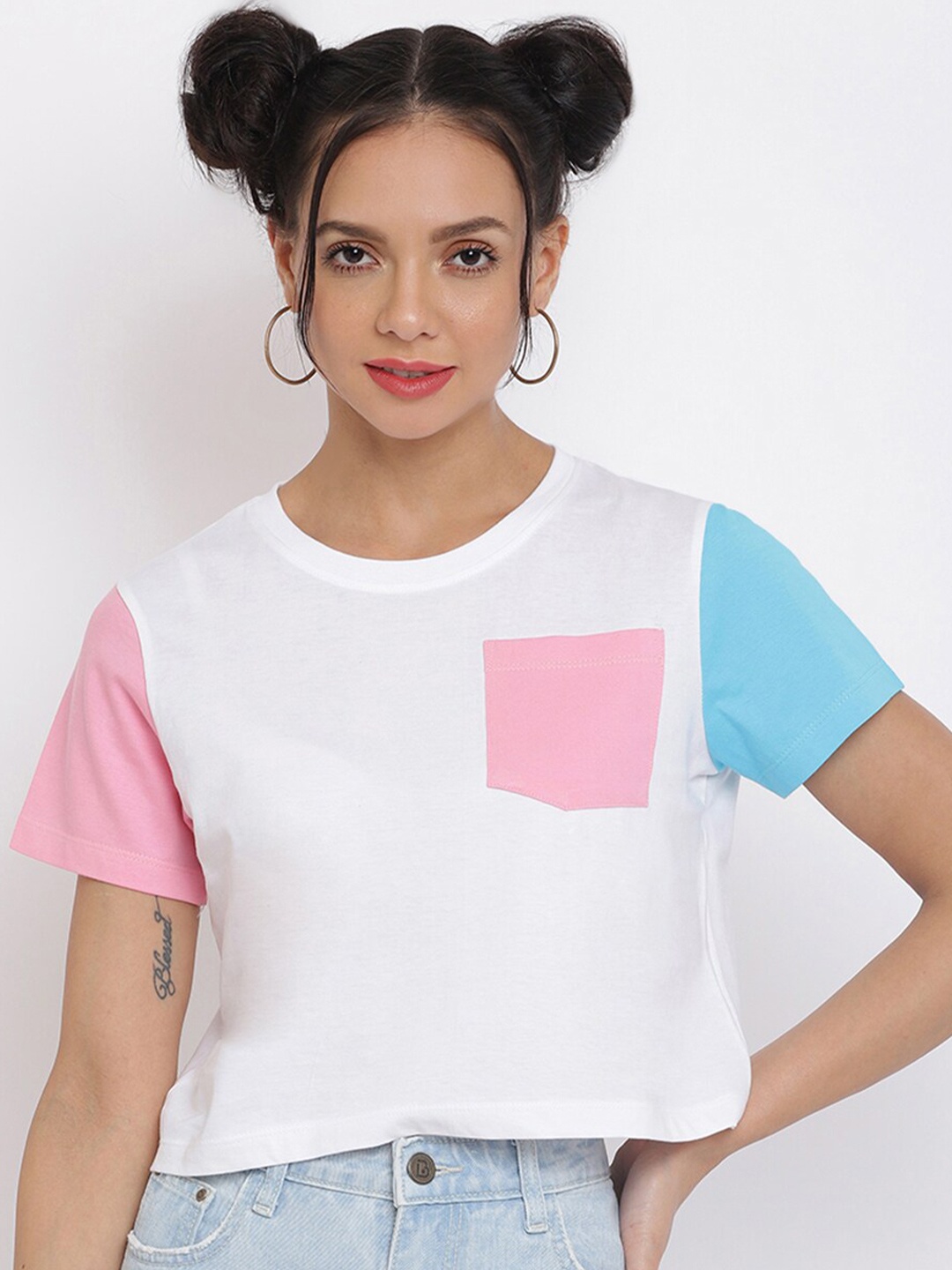 

Belliskey Women White & Pink Cotton Crop T-shirt