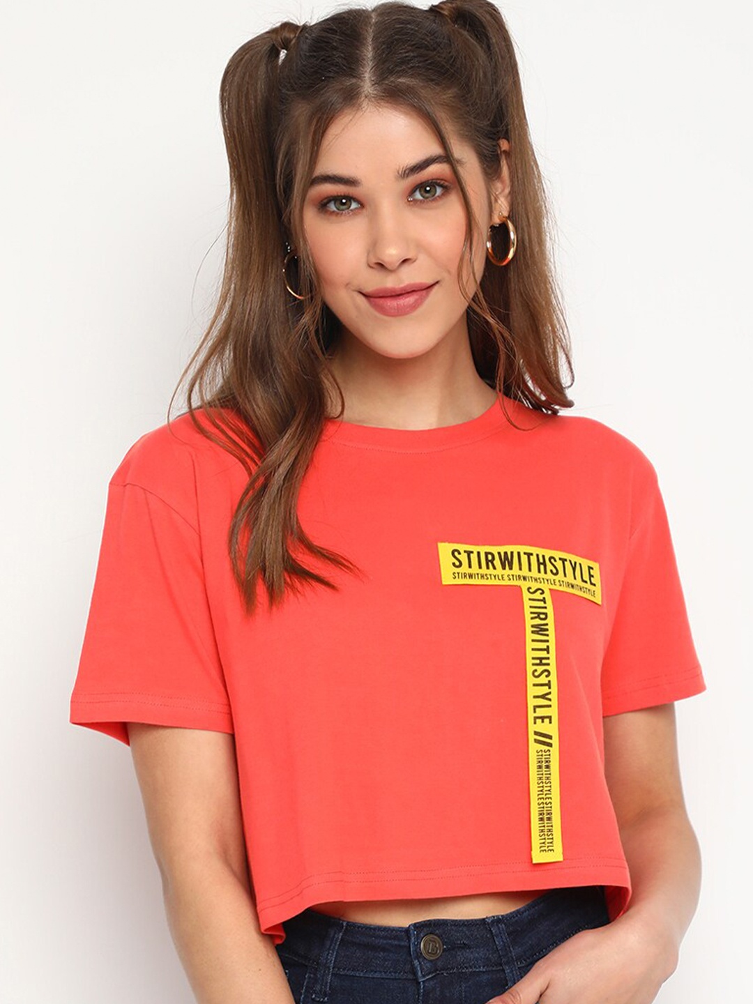 

Belliskey Women Peach-Coloured Typography Printed Cotton T-shirt