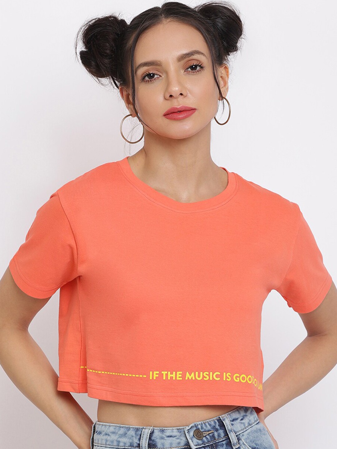 

Belliskey Women Peach-Coloured Crop Cotton T-shirt