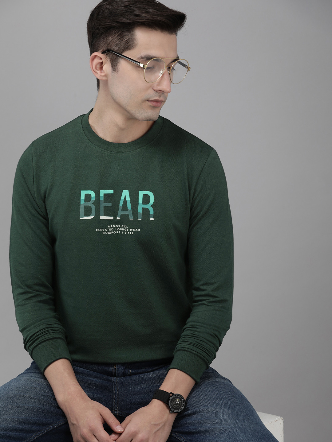 

THE BEAR HOUSE Ardor Edition Men Green Printed Slim Fit Pure Cotton Sweatshirt