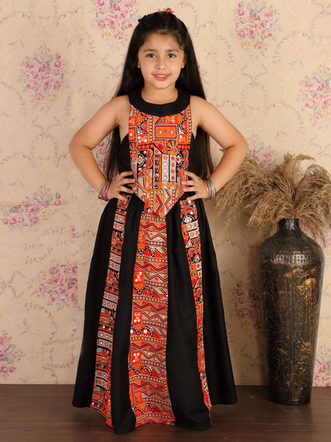 

VASTRAMAY Girls Black & Orange Embroidered Patchwork Ready to Wear Lehenga Set