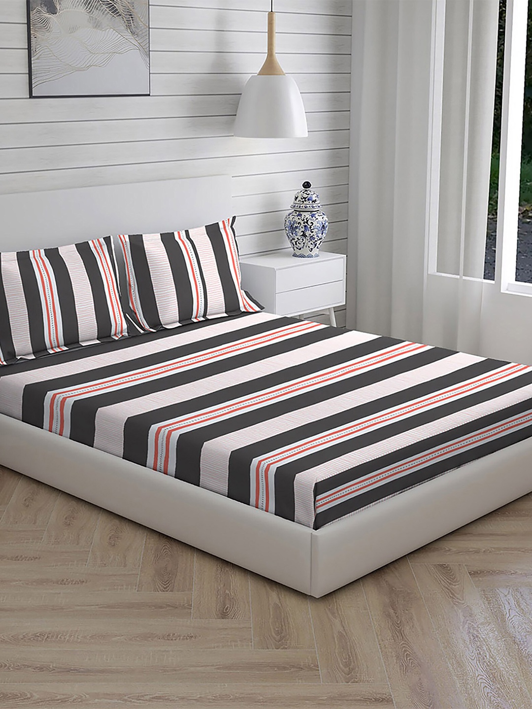 

Layers Grey & White Pure Cotton Striped 104 TC King Bedsheet with 2 Pillow Covers
