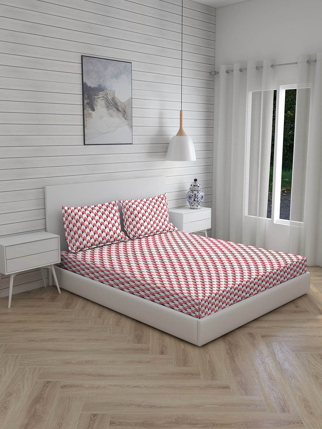 

Layers Pink & White Geometric 144 TC Pure Cotton King Bedsheet with 2 Pillow Covers