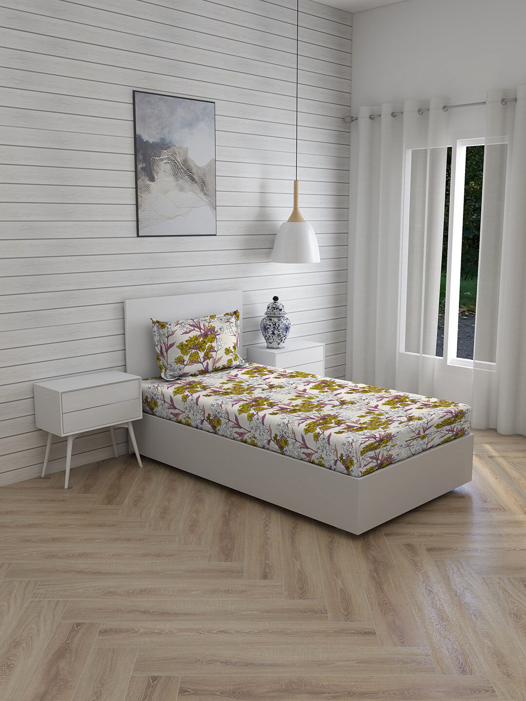 

Layers Yellow & White Floral 144 TC Single Bedsheet with 1 Pillow Cover