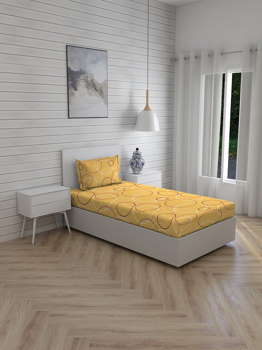 

Layers Yellow & White Geometric 144 TC Single Bedsheet with 1 Pillow Cover