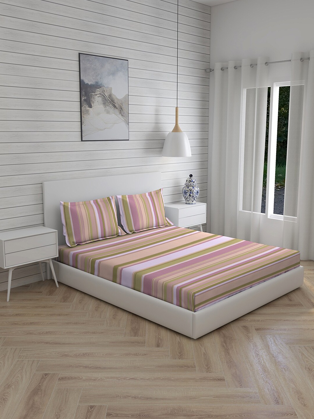 

Layers Peach & Green Striped 144 TC Pure Cotton Queen Bedsheet with 2 Pillow Covers