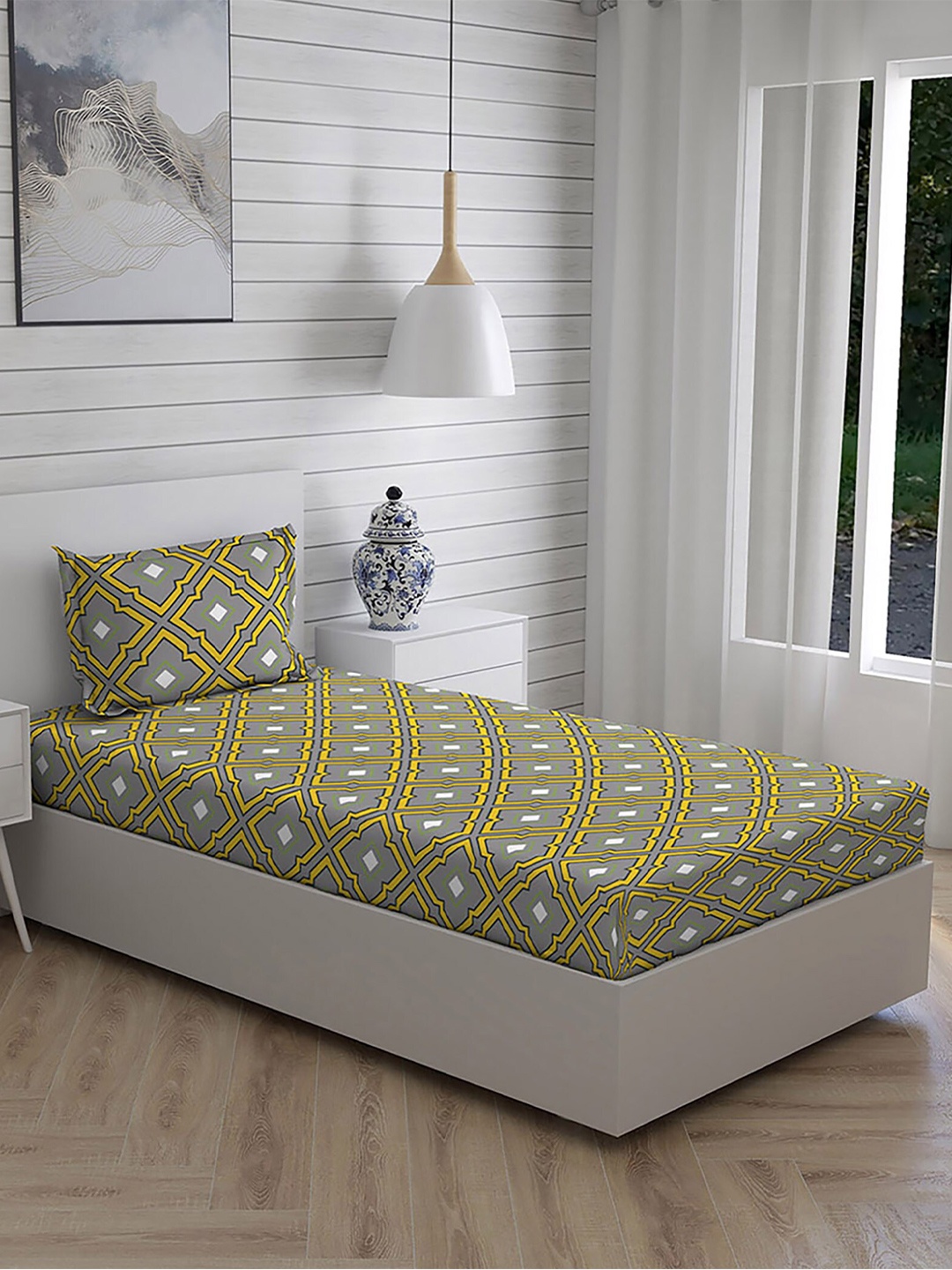 

Layers Grey & Yellow Ethnic Motifs 104 TC Pure Cotton Single Bedsheet with 1 Pillow Covers