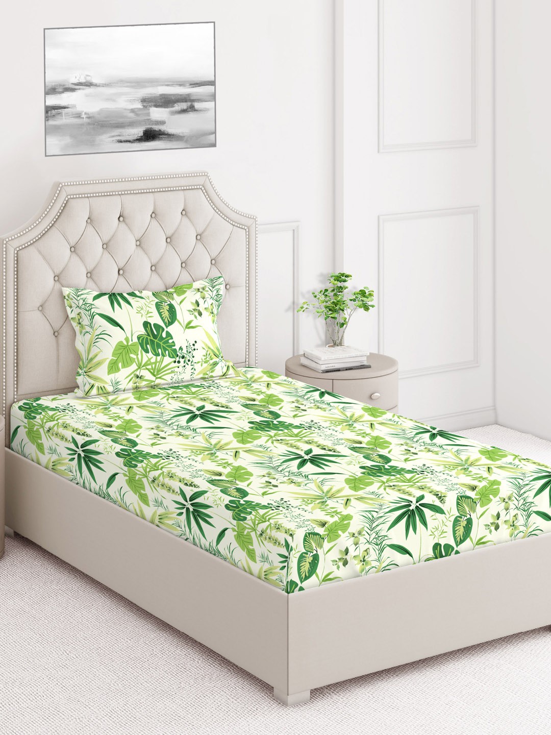 

Layers Green & White Floral 104 TC Pure Cotton Single Bedsheet with 1 Pillow Cover