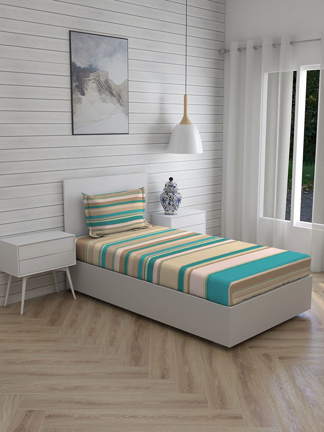 

Layers Green & Beige Striped 144 TC Single Bedsheet with 1 Pillow Cover