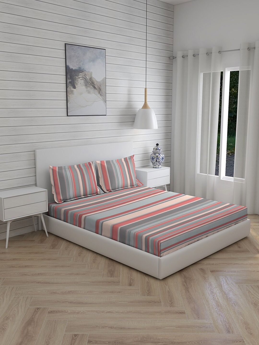 

Layers Red & Grey Striped 144 TC Pure Cotton King Bedsheet with 2 Pillow Covers