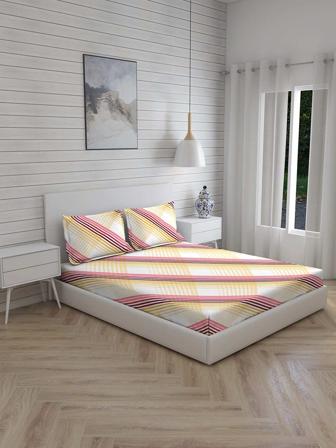

Layers Pink & Off White Striped 144 TC Pure Cotton Queen Bedsheet with 2 Pillow Covers
