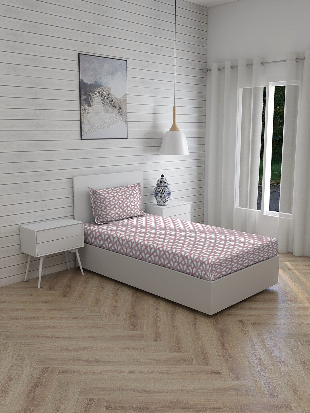 

Layers Pink & Off White Geometric 110 TC Single Bedsheet with 1 Pillow Cover