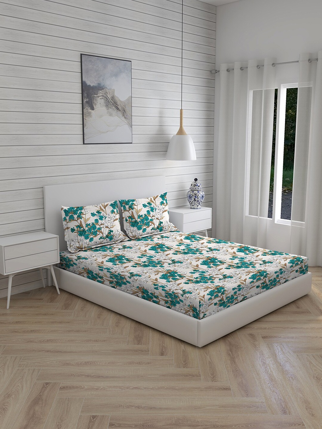 

Layers Green & White Floral 144 TC Pure Cotton Queen Bedsheet with 2 Pillow Covers