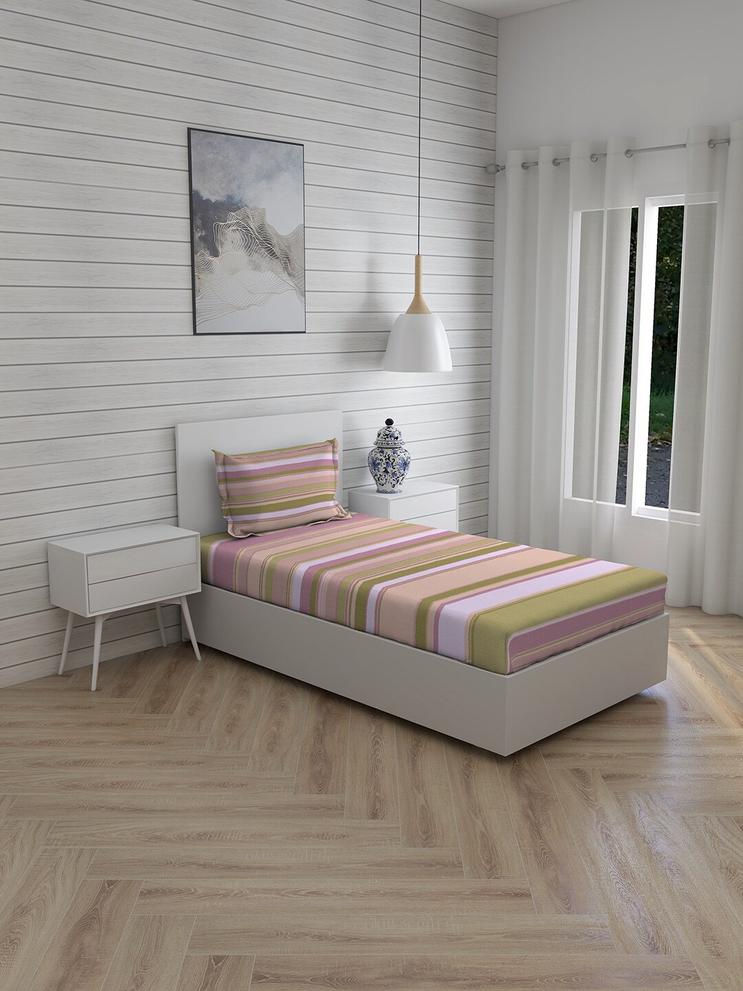 

Layers Peach-Coloured & White Striped 144 TC Single Bedsheet with 1 Pillow Covers
