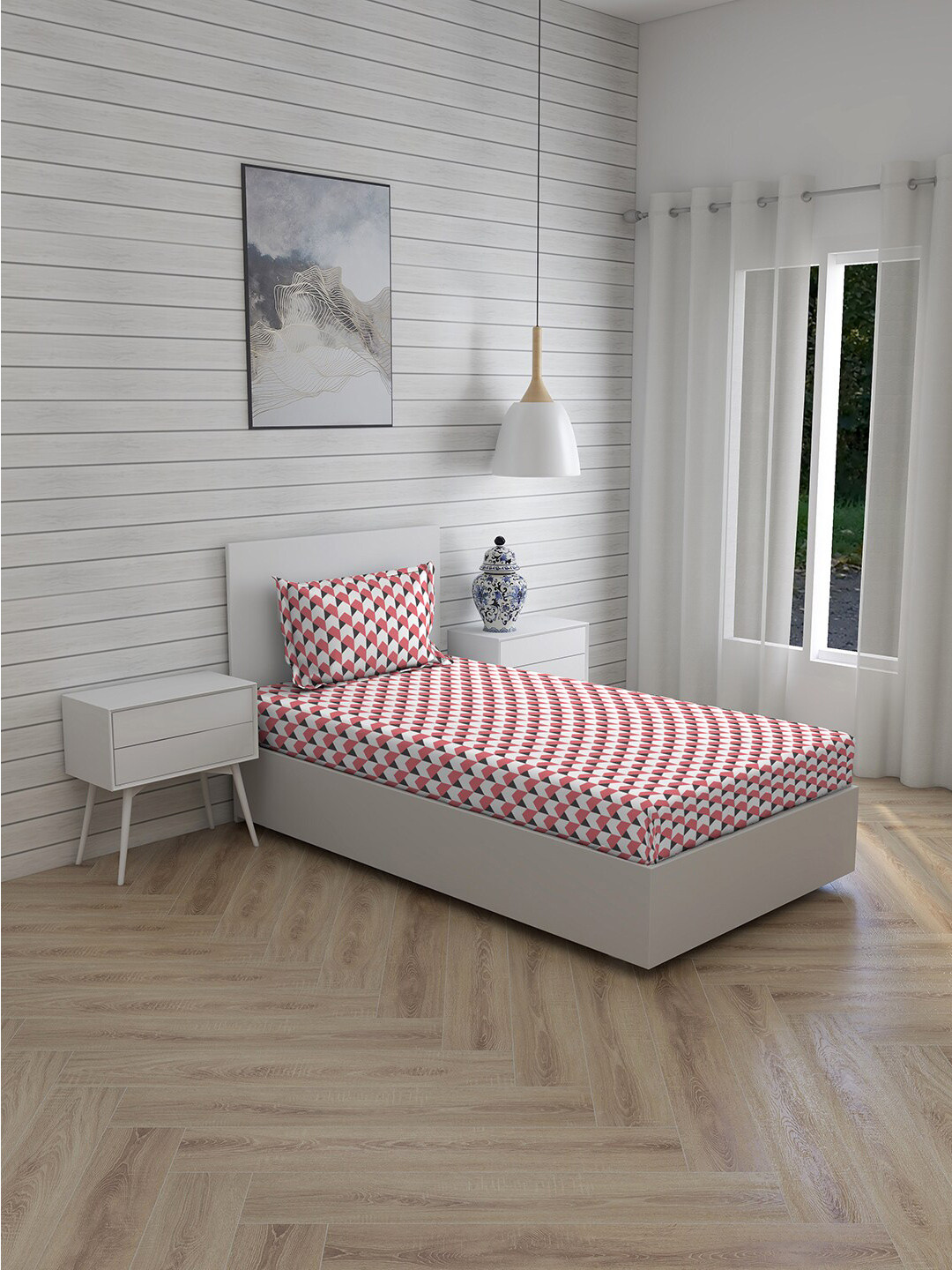 

Layers Pink & White Geometric 144 TC Single Bedsheet with 1 Pillow Covers