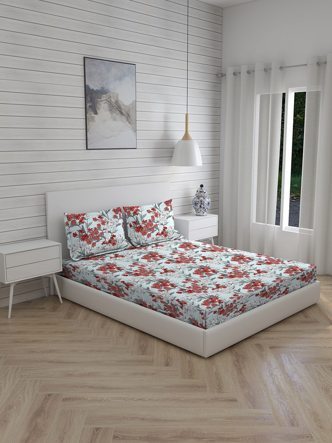 

Layers Red & Grey Floral 144 TC King Bedsheet with 2 Pillow Covers