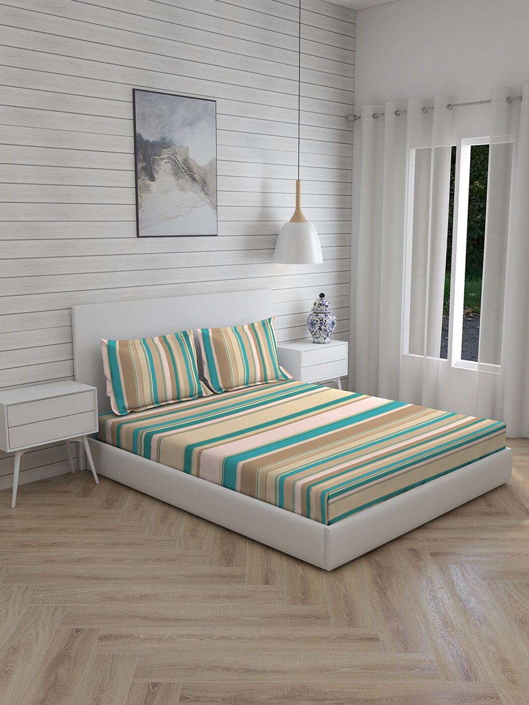 

Layers Green & Beige Striped 144 TC King Bedsheet with 2 Pillow Covers