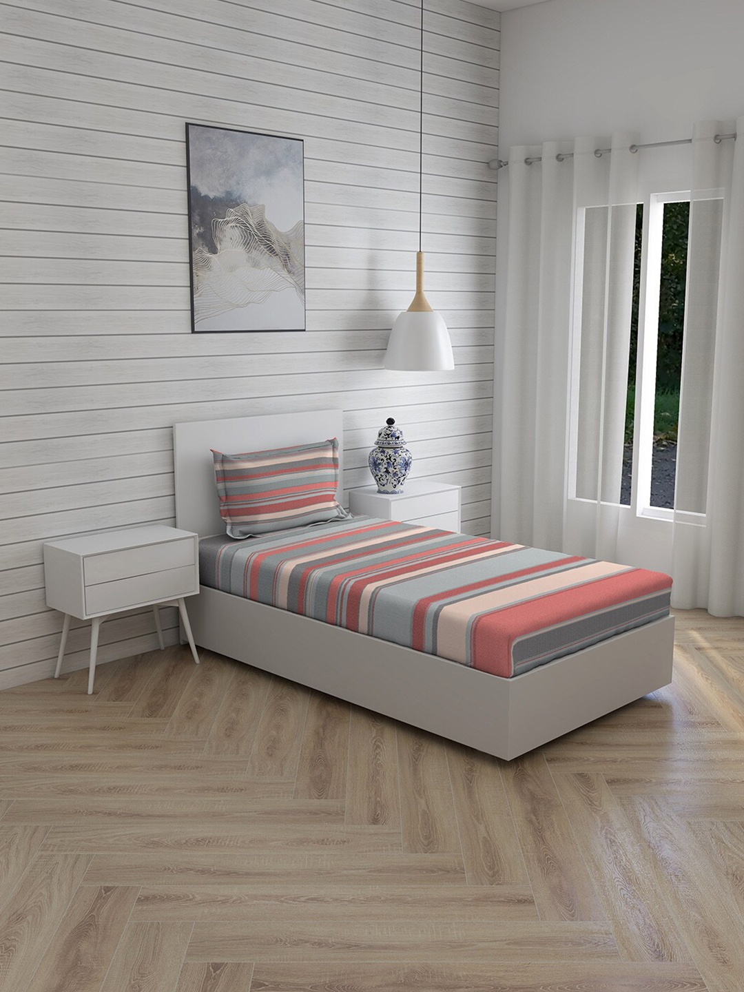 

Layers Red & Grey Striped 144 TC Single Bedsheet with 1 Pillow Covers