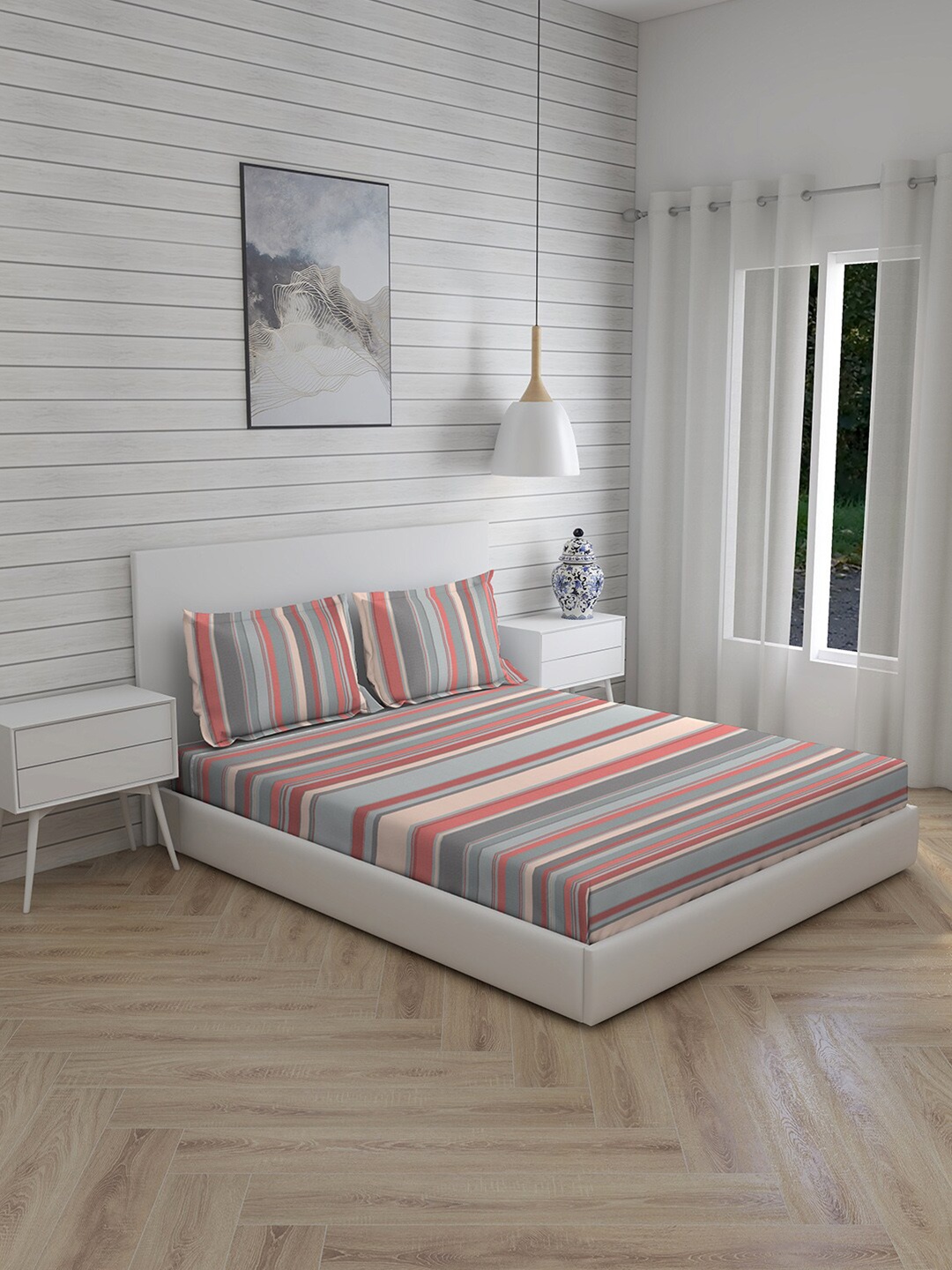 

Layers Red & Blue Striped 144 TC Queen Bedsheet with 2 Pillow Covers