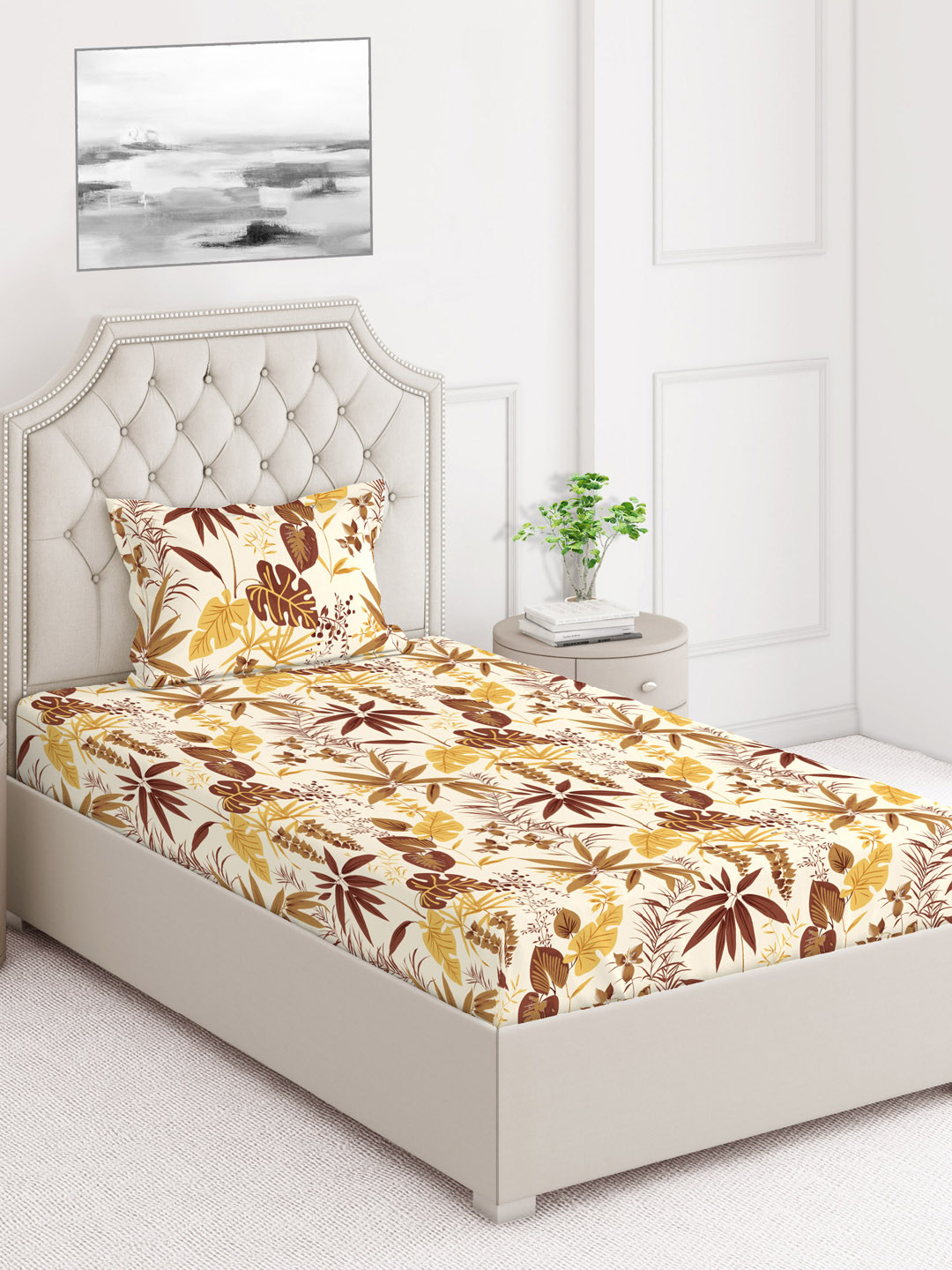 

Layers Cream-Coloured & Brown Floral 104 TC Single Bedsheet with 1 Pillow Covers
