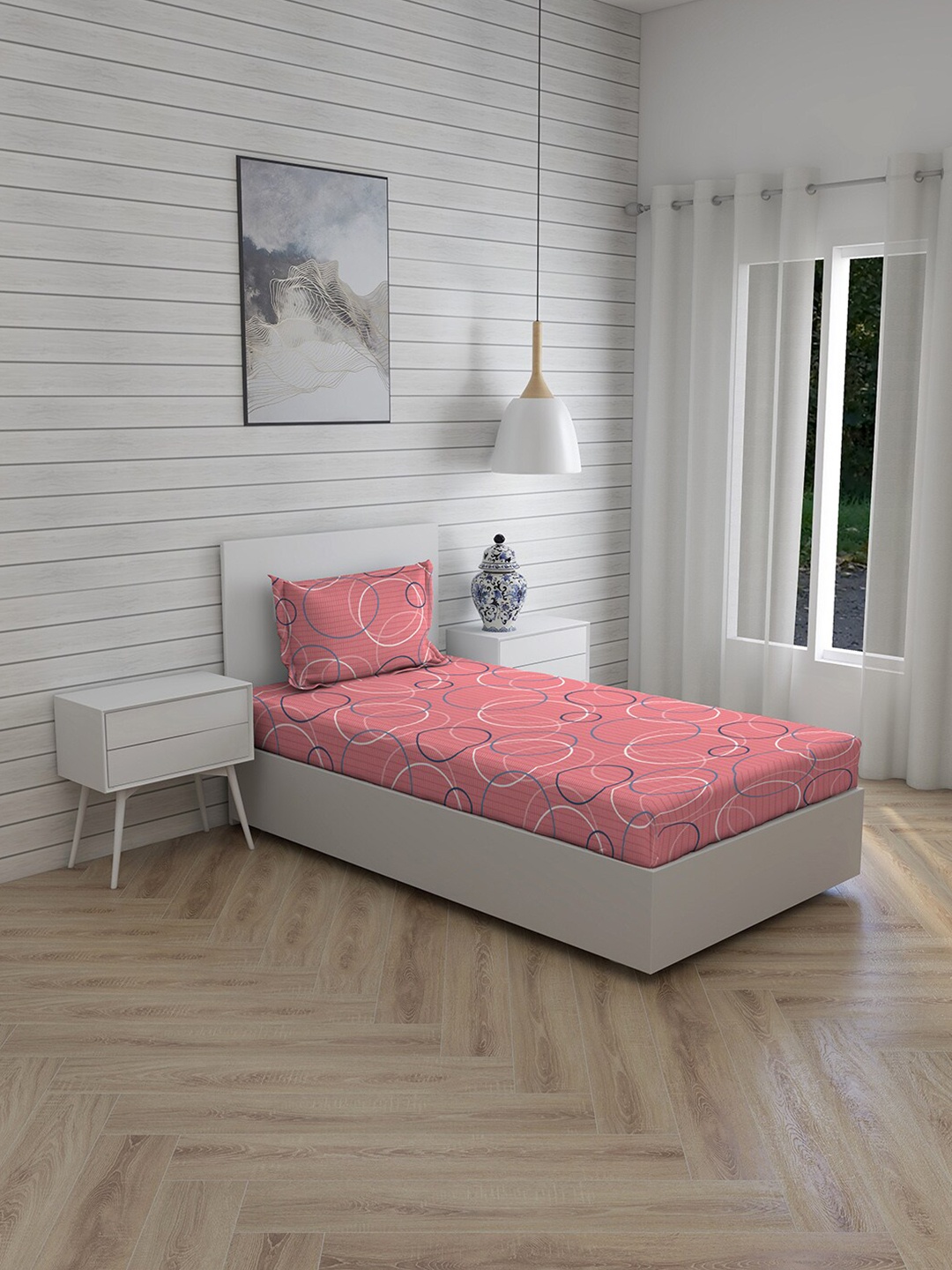 

Layers Pink & Blue Geometric 144 TC Single Bedsheet with 1 Pillow Covers